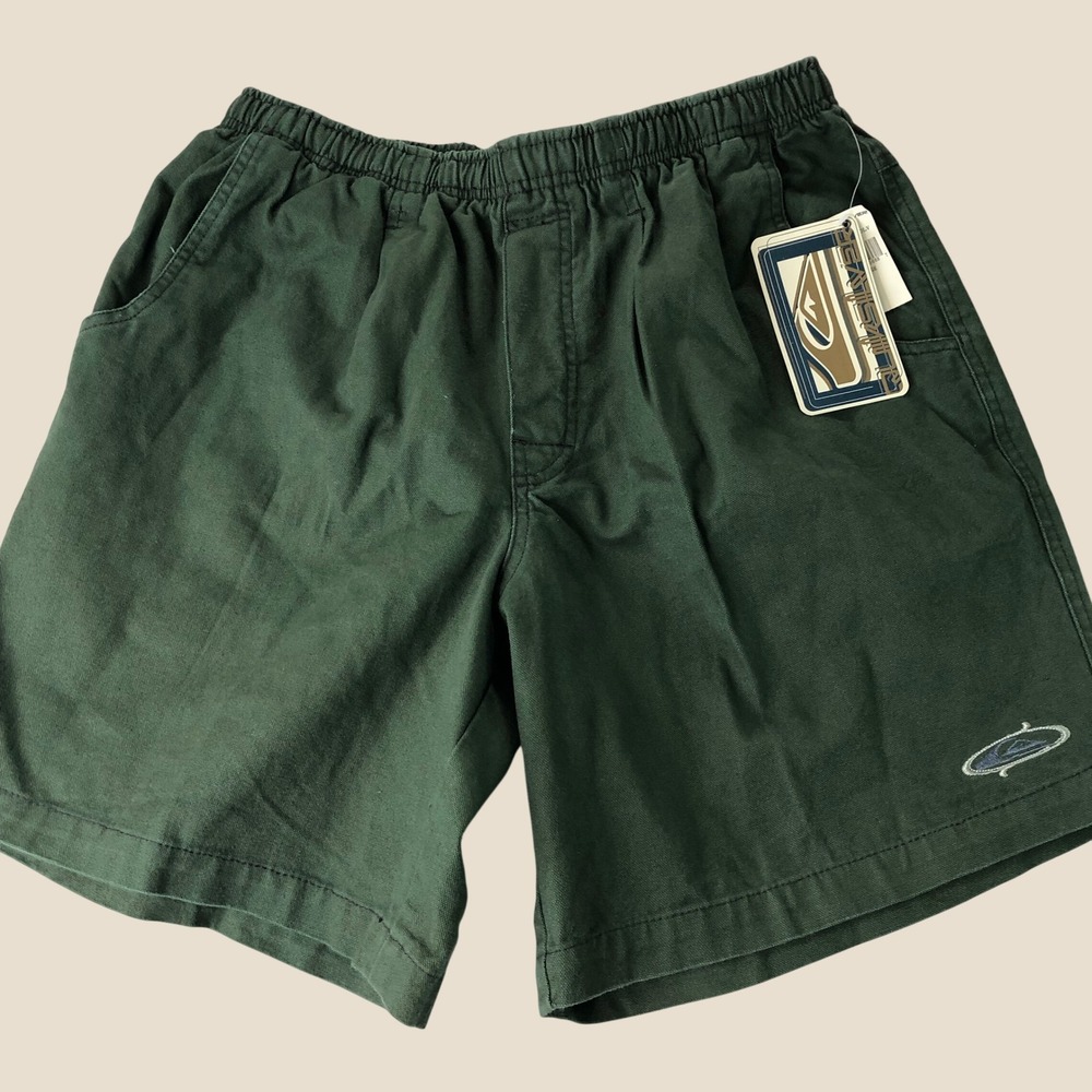 Vintage Quiksilver Cotton Shorts Mens Large Olive Green Elastic 90s Surfwear NEW
